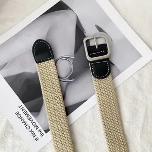 Canvas woven belt with elastic stretch design, pin buckle and casual style for daily wear.
