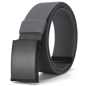 Detail shot of the grey elastic nylon belt with a sleek black metal buckle for casual wear.