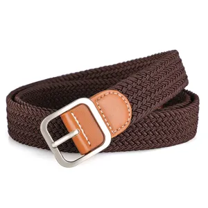 Women's brown woven elastic stretch belt with metal pin buckle and PU leather tip detail.
