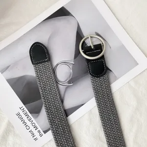 Elastic woven belt with round metal buckle casual stretch belt for women men daily wear