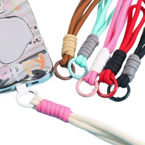16cm handmade colorful double-strand braided phone lanyard with circular metal rings