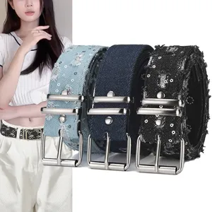 Punk style denim sequin belt, distressed jeans waist strap with metal double prong buckle.