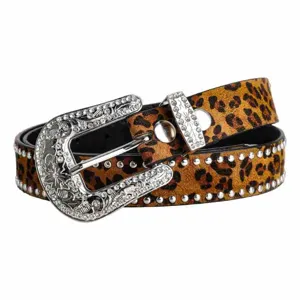 Leopard print rhinestone western belt with metal buckle and studs for women jeans fashion.