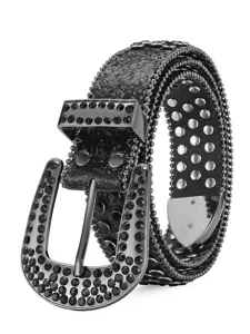 Punk style wide leather belt featuring sparkling black rhinestones and metal stud details.