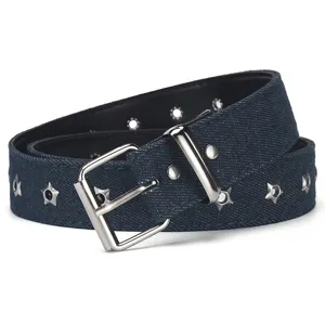 Punk style denim belt with star shaped grommets and metal buckle for daily fashion wear