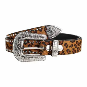 Leopard print rhinestone western belt for women, sparkling crystal buckle leather belt.