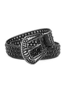Black rhinestone western leather belt with sparkling crystal studs and ornate metal buckle.