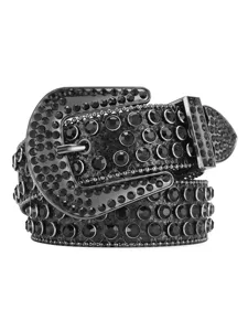 Black rhinestone studded leather belt crystal embellished western cowgirl waist belt detail
