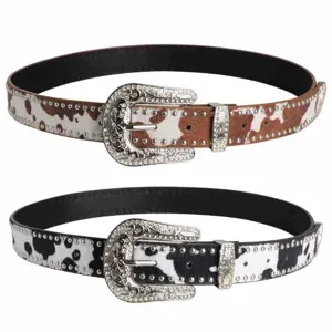 Vintage Western Rhinestone Studded Cow Print Leather Belt Set for Women Denim Jeans Fashion.