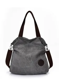 Borsa tote in tela grigia molto capiente con manici marroni e tracolla rimovibile