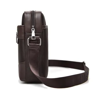 Business fashion men's dark brown oxford cloth crossbody bag with side profile view
