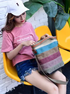 Large capacity bohemian multi-color striped canvas shoulder bag for trendy casual use