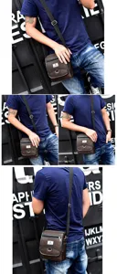 Detail shot of men's stylish crossbody messenger bag in brown oxford cloth on model.