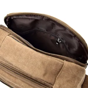 Interior detail of men's canvas messenger bag with multi-compartment zipper pockets.