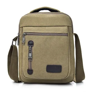 Professional men's khaki canvas messenger bag with multi-zipper pockets for casual travel