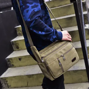 Men's Fashion Canvas Shoulder Bag Large Capacity Multi-Pocket Messenger Bag Casual Wear-Resistant Crossbody Bag Daily Travel Canvas Bag