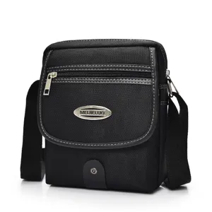 Black oxford cloth men's messenger shoulder bag with adjustable strap and metal logo tag