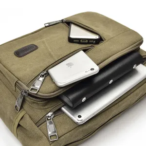 Large capacity men's khaki canvas messenger bag with multiple functional zip pockets