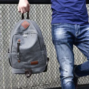 Men's retro grey canvas backpack for travel and school with vintage leather accents