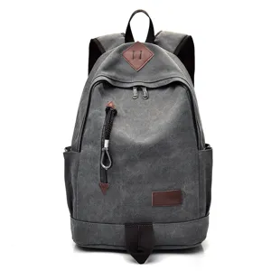 Vintage grey canvas backpack for men, casual student schoolbag or travel rucksack