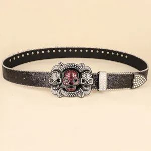 Heavy craft rhinestone skull belt with sequins and rivets for hip-hop style fashion