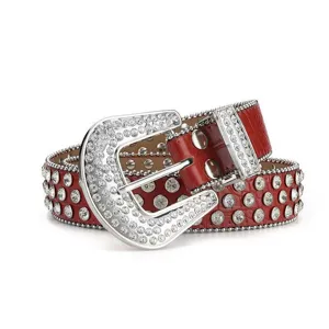 Detail of luxury red crocodile leather belt with sparkling rhinestones and ornate buckle