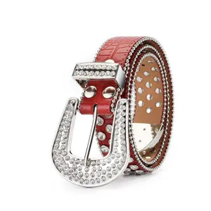 Red crocodile pattern leather belt with sparkling rhinestones and western buckle detail