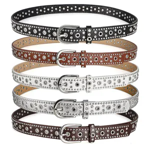 Damen Mode Nieten Strass Ledergürtel Metall Dornschließe lässiger Hosenriemen Mehrfarbig