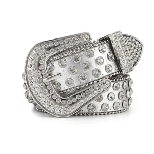 Detailed view of a silver western belt fully encrusted with shimmering rhinestones and studs.