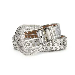 Close-up detail of silver western belt embellished with sparkling rhinestones and metal studs
