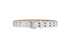 White punk double grommet leather belt with metal buckle, cool rivet jeans belt for daily wear.