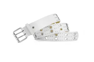 Close-up detail of white punk style leather belt with metal grommets and double buckle.