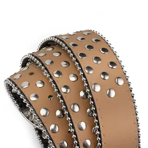 Close-up of tan leather belt featuring metallic studs and rhinestone beaded trim details.