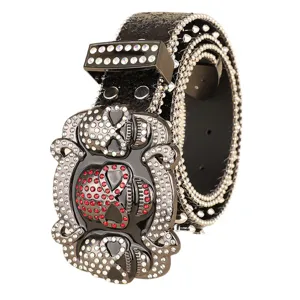 Heavy craft rhinestone skull belt with sequins and rivets for hip hop fashion lovers.