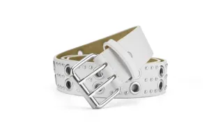 Close-up detail of white leather punk belt with metal grommets and double buckle studs.