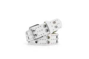 White punk studded leather belt with double grommets and metal buckle for jeans and outfits.
