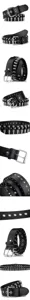 Detailed views of punk black leather belt featuring silver bullet rivets and square buckle