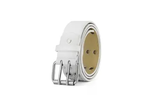 Close-up detail of the white leather punk belt showing silver double prongs and metal eyelets.