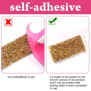 Self-adhesive rhinestone strip for DIY crafts, easy to peel and stick on smooth surfaces.