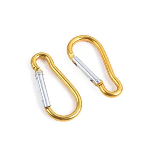 Detail view of durable aluminum alloy gourd carabiner spring snap hook for outdoor backpack.