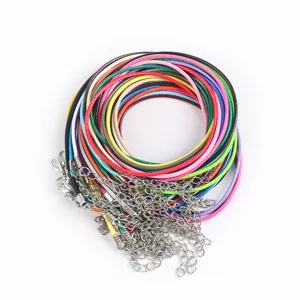 Macro detail of colorful 1.5-2mm waxed DIY necklace cords with lobster clasps and chains