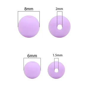 Measurement detail showing 6mm and 8mm purple matte beads with hole sizes of 1.5mm and 2mm
