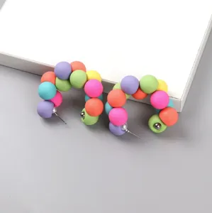 Colorful macaron matte acrylic bead C-shaped stud earrings detail view