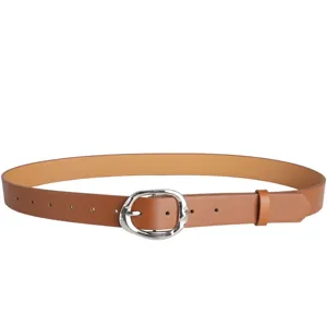 Close-up of brown PU leather women belt featuring an irregular silver metal pin buckle.