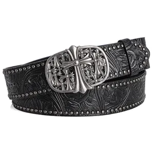 Black leather embossed belt with vintage silver tone multi cross metal buckle for men women