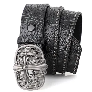 Gothic embossed black leather belt featuring ornate silver cross buckle and studded edges.