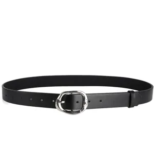 Detail view of a stylish black PU leather belt with an irregular silver metal pin buckle.
