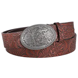 Detailed view of western cowboy belt with embossed peony patterns and carved buckle