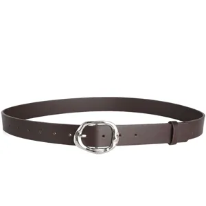 Close-up view of the minimalist brown PU leather belt featuring an irregular silver buckle.