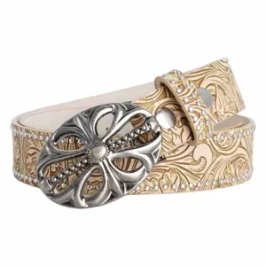 Western cowgirl embossed leather belt with floral tooling, rhinestones, and antique buckle.
